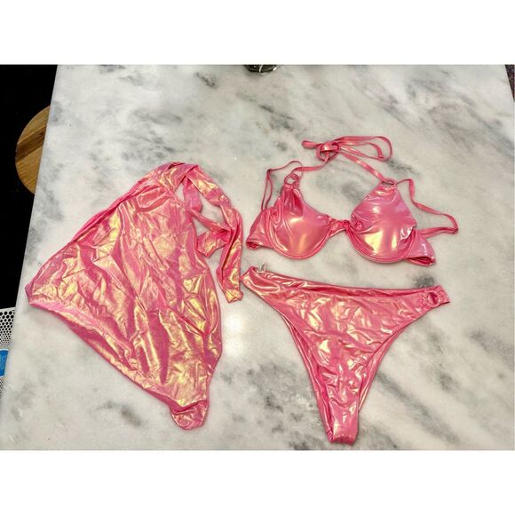 PrettyLittleThing Metallic 3-Piece Underwired Cover Up Pink Bikini Set Size 12 - Picture 1 of 11
